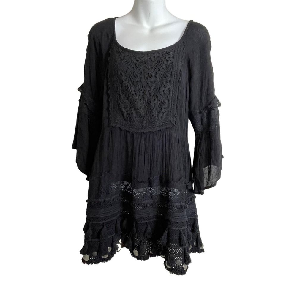 Raga Black Witchy Boho Dark Fairy Goth Gypsy Size XS Dress Crochet Mini Coastal
